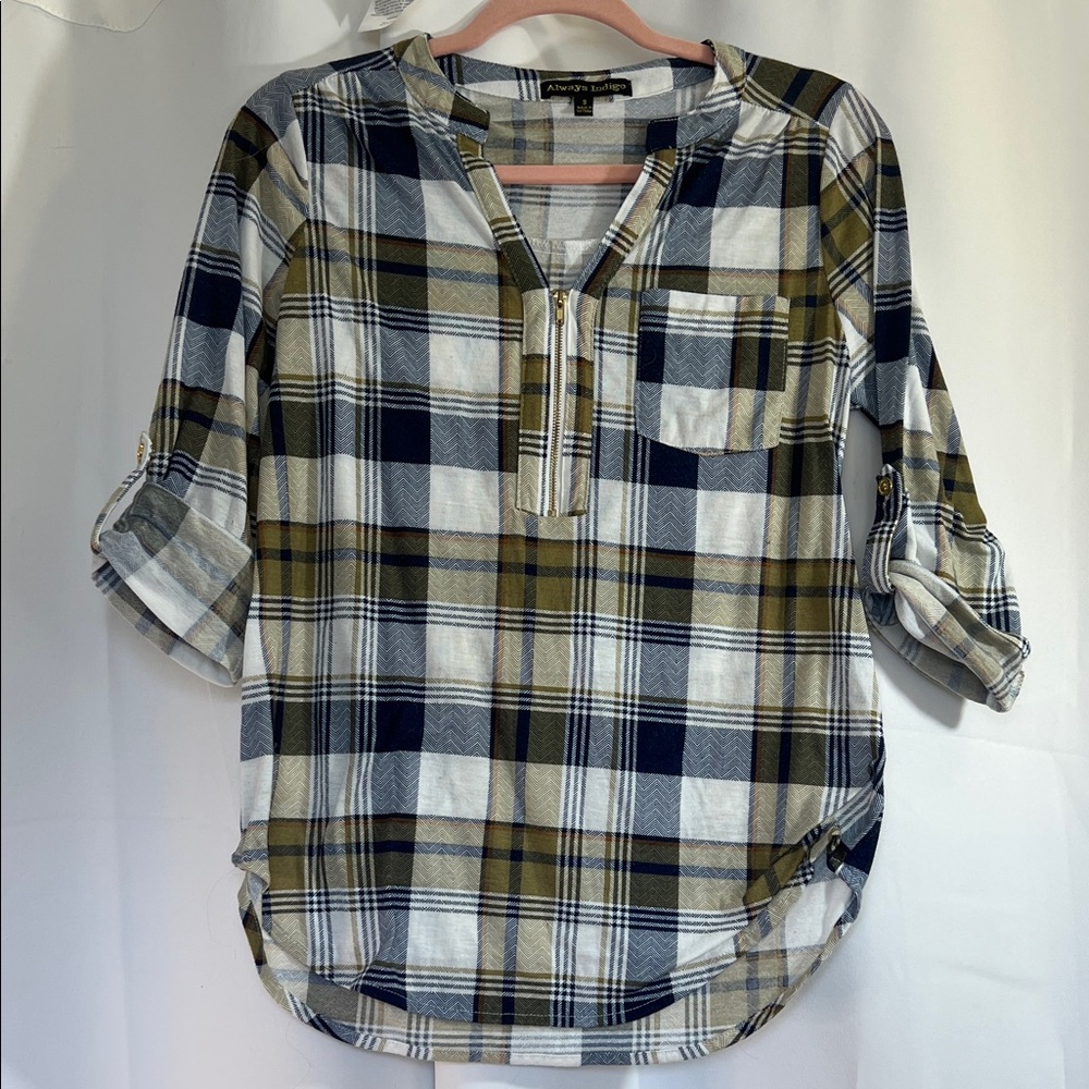 Plaid Roll-Up Sleeve Blouse - Blue and Olive